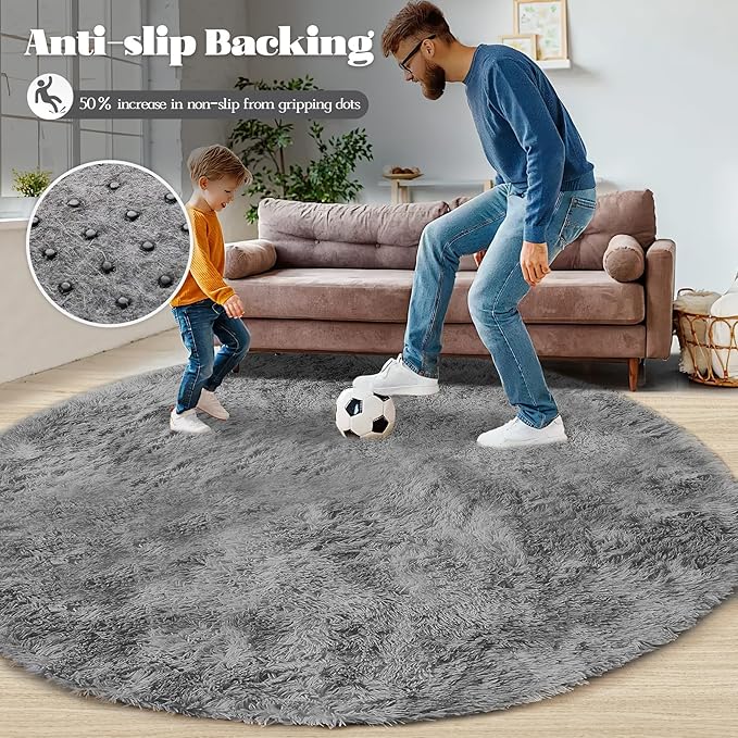 4FT Round Rug for Bedroom: Fluffy Shag Soft Washable Rugs Circle Small Fuzzy Plush Indoor Carpet for Living Room Nursery Playroom Dorm Kids Girls Boys Room (Grey, 4'x4')