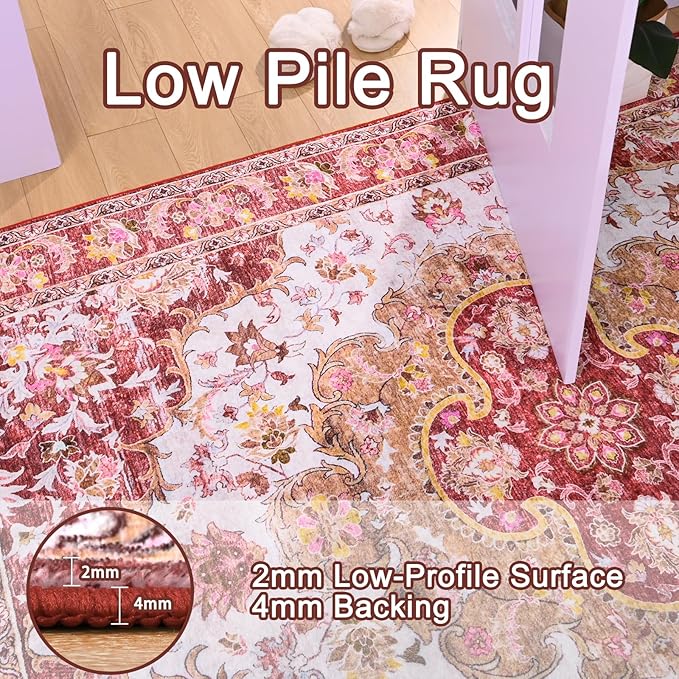 4x6 Area Rugs for Living Room, Foldable Machine Washable Rug, Soft Low Pile Non-Slip Vintage Floral Rug, Carpet for Bedroom, Dining Room, Bedside, Farmhouse, Office, Dorm (Red, 4'×6')