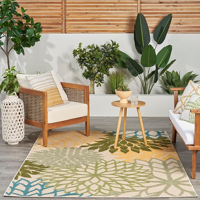 Nourison Aloha Tropical Indoor/Outdoor Green Multicolor 3'6" x 5'6" Area Rug, Easy Cleaning, Non Shedding, Bed Room, Living Room, Dining Room, Backyard, Deck, Patio (4x6)