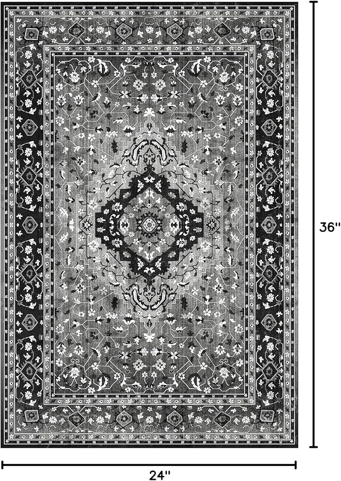 Yancorp 2'x3' Area Rug for Bedroom Non Slip Washable Rug Vintage Carpet Living Room Non-Shedding Indoor Floor Mats Bedroom Kitchen Entryway Rugs-Rectangle Black Grey