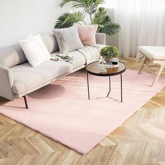 Ashler Faux Fur Rug, Ultra Soft Faux Rabbit Fur, Pink Area Rugs, 5 x 7 Feet Rectangle, Machine Washable Nursery Decor Throw Rugs for Bedroom, Kids Room, Living Room