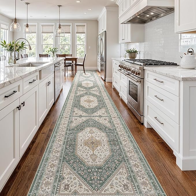 3x20 Runner Rug for Hallway Washable: Non Slip Kitchen Rugs with Rubber Backing Soft Waterproof Mats Stain Resistant Indoor Vintage Carpet Runner for Bedroom Bathroom Laundry Entryway Green/Beige