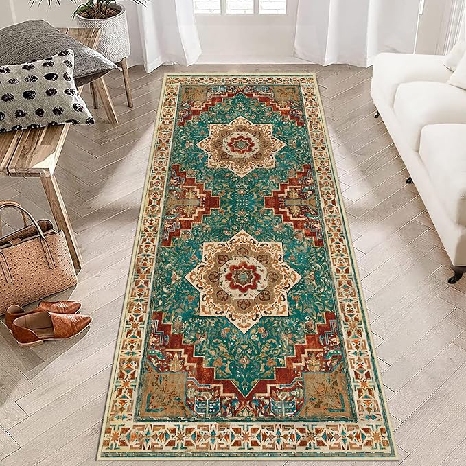 Washable Runner Rug 2x6 Boho Hallway Rug Non Slip Kitchen Runner Rug Soft Teal Rust Vintage Rug for Entryway Oriental Distressed Low-Pile Floor Carpet for Laundry Indoor Entrance Bathroom
