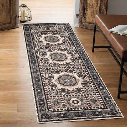Keen Home Design 2x12 Rug - Machine Washable Runner Rug with Non-Slip Backing, Ideal for Hallway, Entryway, Kitchen, Laundry Room - Vintage, Easy Clean, Durable, Low Pile Rug - (2'6" x 12')