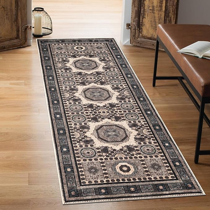 Keen Home Design 2'6" x 10' Machine Washable Runner Rug with Non-Slip Backing, Ideal for Hallway, Entryway, Kitchen, Laundry Room - Vintage, Easy Clean, Durable, Low Pile - Beige / Indigo Blue