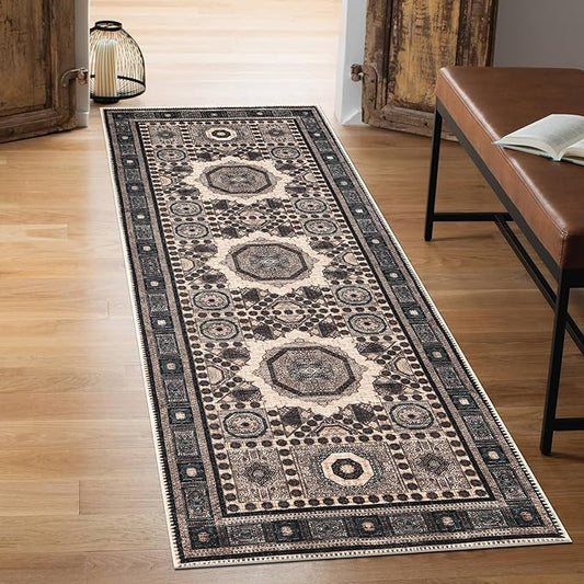 Keen Home Design 2'6" x 10' Machine Washable Runner Rug with Non-Slip Backing, Ideal for Hallway, Entryway, Kitchen, Laundry Room - Vintage, Easy Clean, Durable, Low Pile - Beige / Indigo Blue