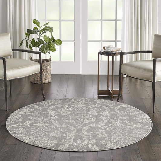 Nourison Jubilant Damask Grey 5'3'' x Round Area-Rug, Easy-Cleaning, Non Shedding, Bed Room, Living Room, Dining Room, Kitchen (5 Round)