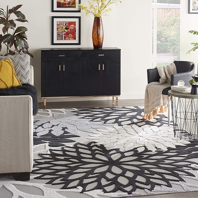 Nourison Aloha Indoor/Outdoor Black White 12' x 15' Area Rug, Tropical, Botanical, Easy Cleaning, Non Shedding, Bed Room, Living Room, Dining Room, Deck, Backyard, Patio (12x15)