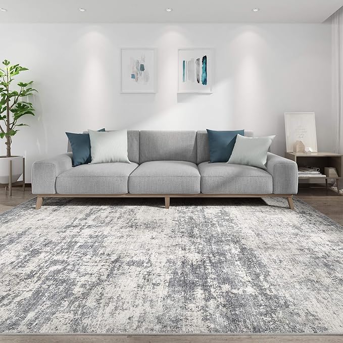 Washable Rug 8x10 Area Rugs for Living Room: Modern Abstract Neutral Soft Large Carpet for Bedroom Dining Room Under Kitchen Table Home Office Decor -Dark Grey/Beige