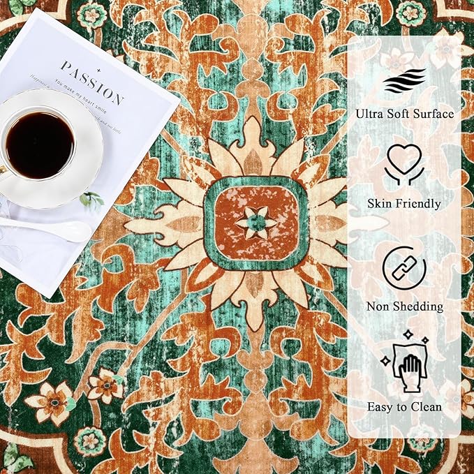 U'Artlines Boho Vintage Area Rug 5x7 Machine Washable Low Pile Ultra-Thin Soft Floor Carpet Non Slip Non Shedding Accent Rug for Living Room Bedroom Entryway Dining Room Office(Rust＆Teal)