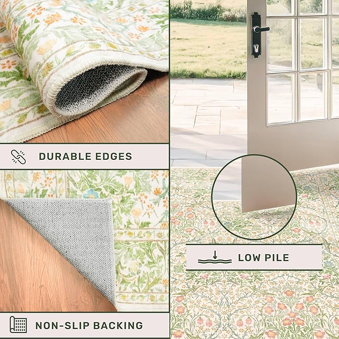 Washable Neutral Floral Living Room Rug, 3x5 Area Rugs for Bedroom, Nursery, Kitchen, Large Entryway, Vintage Non-Slip Throw Rug Low Pile Stain Resistant (3x5 Garden Green)