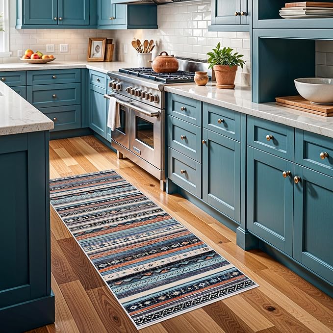 2x6 Runner Rug Washable: Non-Slip Southwestern Striped Carpet for Hallway Kitchen Entry - Farmhouse Low Pile Stain Resistant Long Thin Front Door Mat 2x6 Blue/Black/Multi