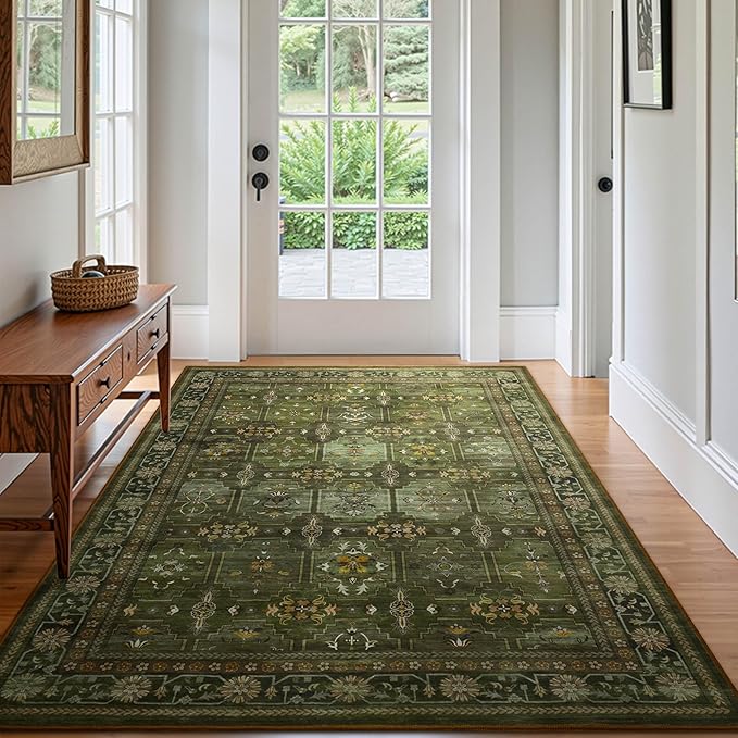 4x6 Area Rug for Bedroom Machine Washable, Non Slip Vintage Floral Kitchen Rugs for Dining Room, Low Pile Indoor Floor Print Carpet for Nursery Farmhouse Home Office Dark Green
