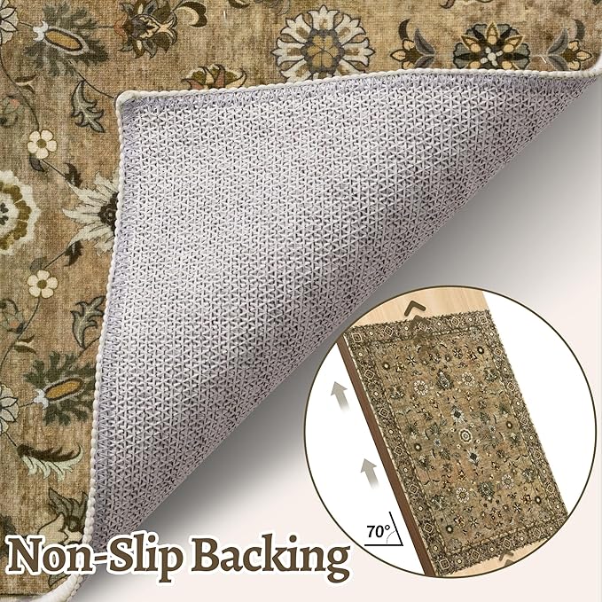 2x10 Hallway Runner Rug, Washable Non-Slip Vintage Floral Boho Runner Rug for Hallway Entryway Indoor, Brown Print Carpet,Soft Low Pile Long for Kitchen Bedroom