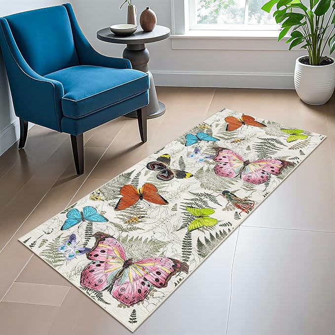 RUUGME Washable 2x5 Runner Rug - Boho Rugs for Living Room Kitchen Stain Resistant Carpet Vintage Tribal Rugs for Bedroom Bathroom with Non Slip Backing Floor Decoration Mat 2x5 Butterfly Beige