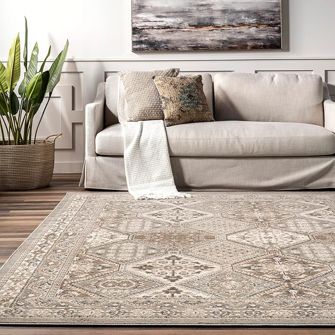 nuLOOM 8' Round Becca Traditional Tiled Area Rug, Becca Taupe, Faded Transitional Design, Stain Resistant, for Bedroom, Dining Room, Living Room, Hallway, Office, Kitchen, Entryway