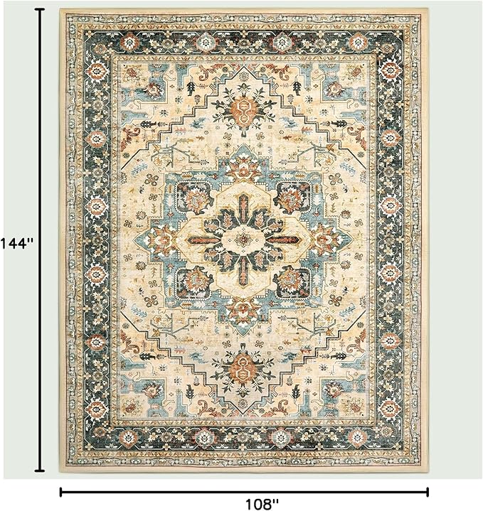 Area Rugs for Living Room 9x12 - Large Machine Washable Vintage Oriental Soft Rug, Low Pile Thin Carpet with Non Slip Backing for Bedroom, Dorm, Under Dining Room Table, Indoor House, Office Decor