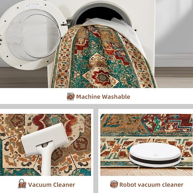 Washable Area Rug 3x5 Boho Entryway Rug Non Slip Soft Teal Rust Vintage Kitchen Rug Oriental Distressed Living Room Bedroom Rugs Indoor Floor Carpet for Bathroom Dining Room Office Entrance