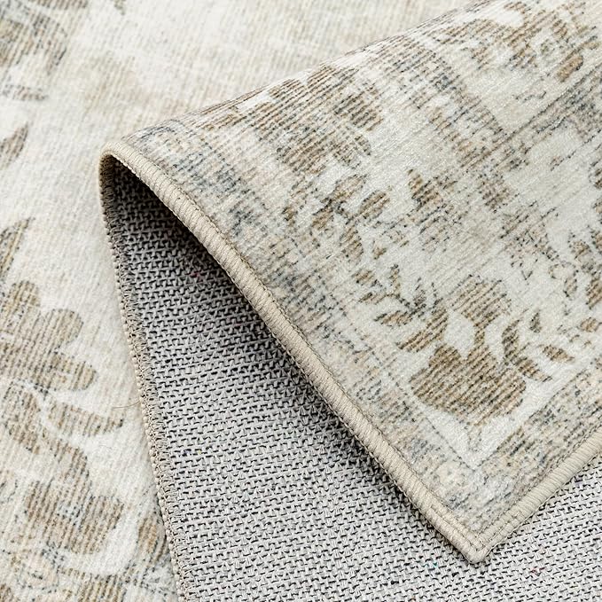 2x3 Area Rug Beige Washable Entryway Door Mat Indoor Vintage Medallion Floral Carpet Kitchen Bathroom Distressed Entrance Retro Small Non Slip Accent Throw Bedroom Office Dining Living Room