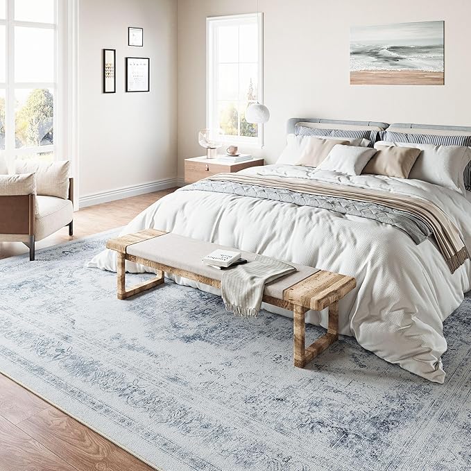 Washable Rug 6x9 Area Rug for Living Room Blue Vintage Boho Medallion Large Distressed Retro Carpet Non Slip Indoor Low Pile Small Soft Bedroom Dining Room Home Office
