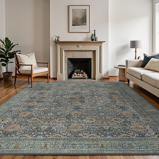 10X12 Area Rugs Machine Washable Rugs for Living Room, Vintage Boho Large Rugs for Bedroom Dining Room, Non Slip Indoor Soft Distressed Lightweight Thin Low Pile Carpet, Beige Blue Grey