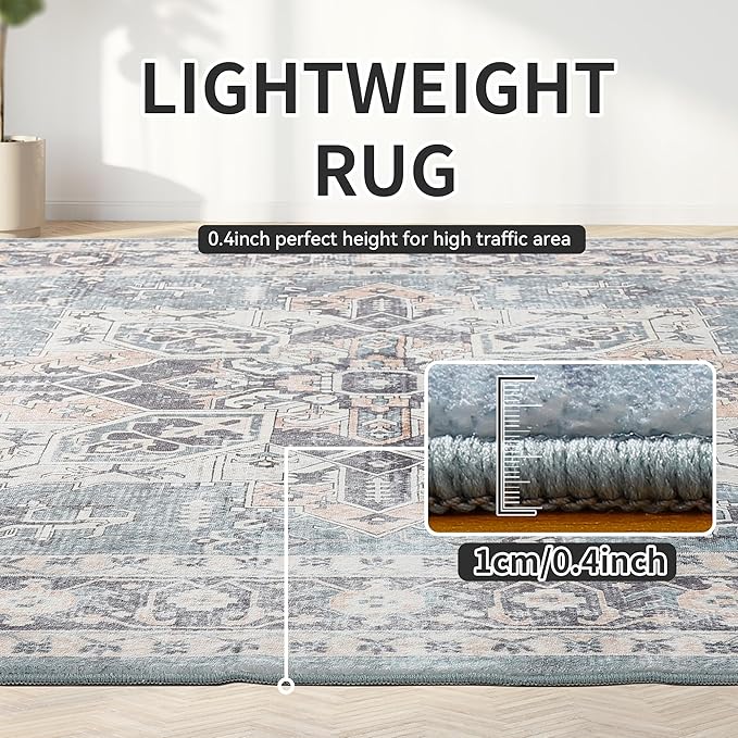 Washable Rug 4x6, Machine Washable Area Rugs with Non Slip Bottom, Vintage Rug for Living Room Bedroom, Traditional Print Floral Carpet Stain Resistant, Green Navy Boho Rug, 4 x 6 Carpet