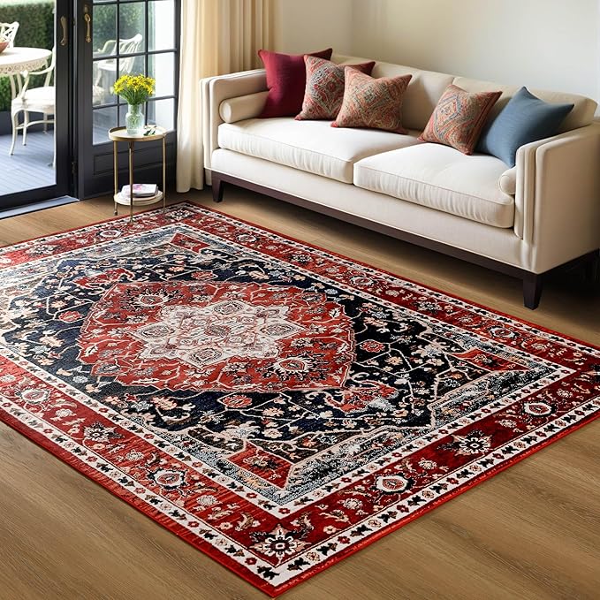 YJ.GWL Large Area Rug for Living Room, 5x8 Machine Washable Boho Rug for Bedroom, Low Pile Lightweight Thin Rugs Floral Vintage Distress Print Pattern Carpet for Dining Room, Red