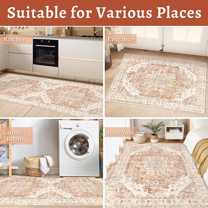 2x5 Washable Runner Rug for Hallways, Non Slip Vintage Runner, Soft Low Pile Long, Print Distressed Brick Red Carpet Runners for Kitchen Bedroom Entryway Bathroom Living Room