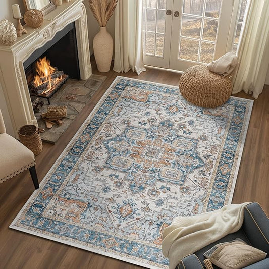 jinchan Area Rug 5x7 Entryway Washable Rug Soft Thin Vintage Low Pile Non Slip Distressed Carpet Indoor Doormat Oriental Medallion Rug for Bedside Bathroom Bedroom Laundry Room Dining Room Blue Multi