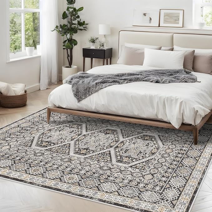 Washable Living Room Area Rug: 5x7 Super Soft Vintage Non Slip Backing Indoor Rug Oriental Bedroom Farmhouse Carpet Stain Resistant Ultra Thin Distressed Mats for Kitchen Entry 5x7 Black