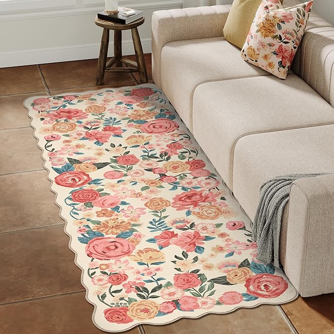 Washable Floral Runner Rug 2x6 Beige Hallway Carpet Scalloped Flower Non Slip Soft Long Kitchen Runner Farmhouse Low Pile Thin Indoor Floor Cover for Bathroom Bedroom Laundry Room Entryway