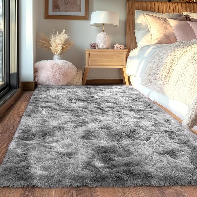 Grey Fluffy Rug for Bedroom 5x7 Feet - Ultra Soft & Anti-Skid Shaggy Area Rug, Comfy Durable Carpet for Living Room & Kids Dorm Nursery, Home Decor Aesthetic