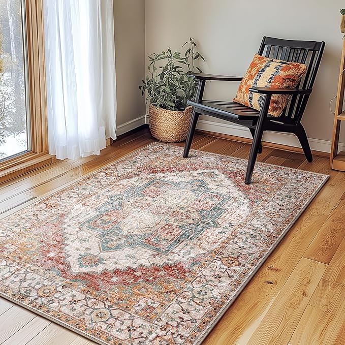 Washable 3x5 Area Rugs, Rugs for Living Room, Low-Pile Water&Stain Resistant Carpet Vintage Distressed Printed Non-Slip Carpet for Bedroom Bathroom Kitchen-Yellow/Brown
