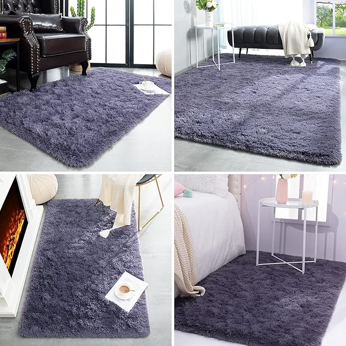 TWINNIS Super Soft Shaggy Rugs Fluffy Carpets 5x8 Feet, Indoor Modern Plush Area Rugs for Living Room Bedroom Kids Room Nursery Home Decor, Upgrade Anti-Skid Rectangular Fuzzy Rug, Grey Purple