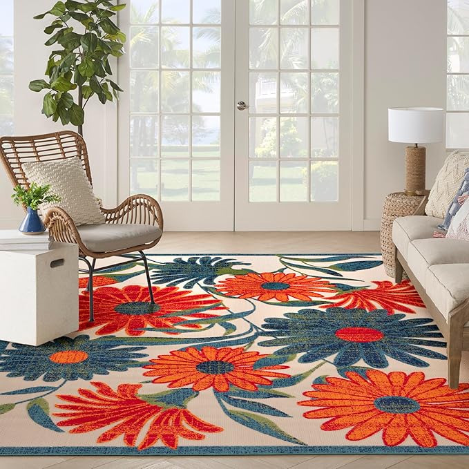 Nourison Aloha Indoor/Outdoor Ivory Multicolor 12' x 15' Area Rug, Easy Cleaning, Non Shedding, Bed Room, Living Room, Dining Room, Backyard, Deck, Patio (12x15)