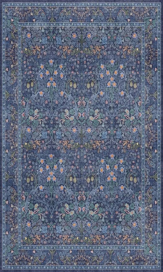 Vintage Dark Blue 3x5 Area Rugs for Entryway, Bedroom Beside Rug, Kitchen, Laundry Room, Non-Slip Low Pile Ultra Soft Stain Resistant Small Floral Carpet