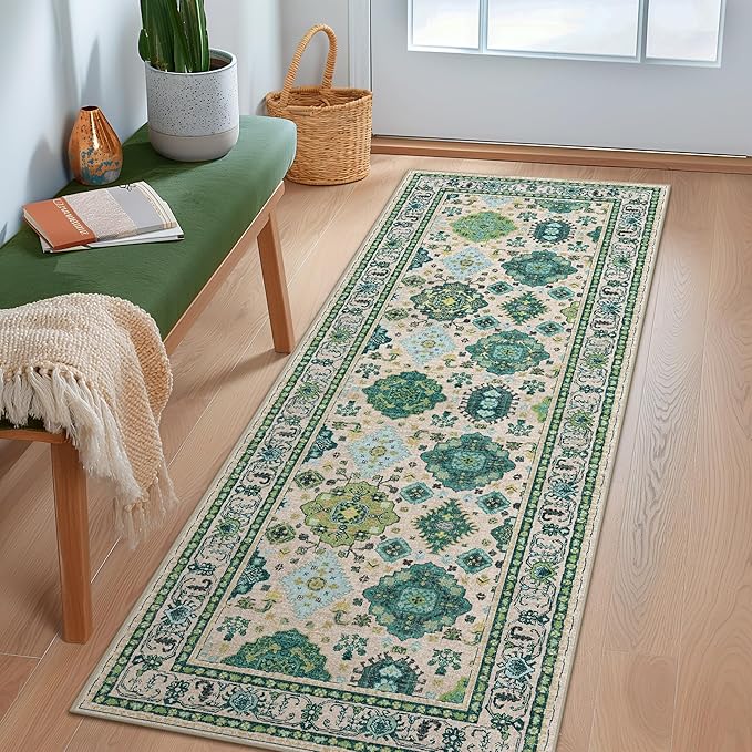 2x5 Runner Rug Non Slip, Machine Washable Rug Runners for Hallways, Vintage Distressed Print Kitchen Runner, Low Pile Lightweight Carpet Runner for Entryway, Laundry, Bedroom, Bathroom Ivory Green