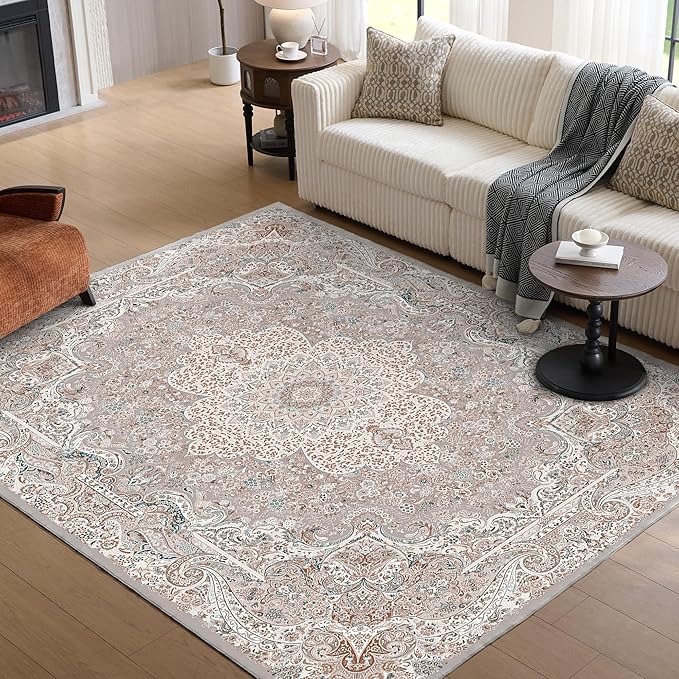 9x12 Rug, Washable Neutral Boho Modern Vintage Non Slip Floral Area Carpet, Low Pile Soft Rugs, Slip Resistance, Pet-Friendly, Durable Rug for Living Room, Bedroom, Kitchen, Dining Room