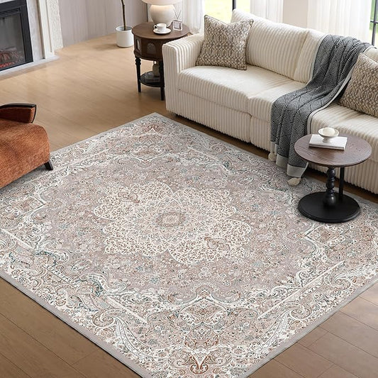 9x12 Rug, Washable Neutral Boho Modern Vintage Non Slip Floral Area Carpet, Low Pile Soft Rugs, Slip Resistance, Pet-Friendly, Durable Rug for Living Room, Bedroom, Kitchen, Dining Room