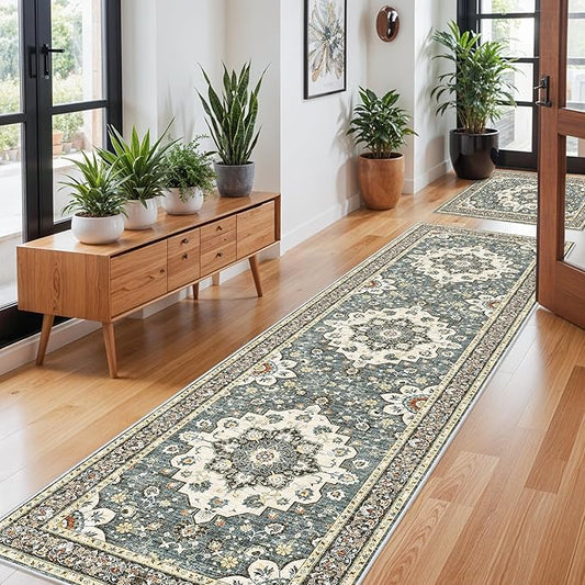 Washable Oriental Hallway Runner Rug - 3x10 Rugs for Living Room Soft Carpet for Bedroom Kitchen Waterproof Floral Distressed Indoor Stain Resistant Non-Shedding Floor Carpets (Blue, 3X10)