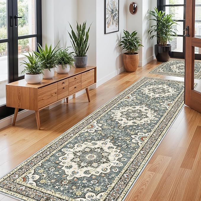 Washable Oriental Hallway Runner Rug - 3x10 Rugs for Living Room Soft Carpet for Bedroom Kitchen Waterproof Floral Distressed Indoor Stain Resistant Non-Shedding Floor Carpets (Blue, 3X10)