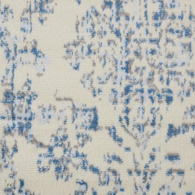 Nourison Jubilant Damask Ivory/Blue 3' x 5' Area-Rug, Easy-Cleaning, Non Shedding, Bed Room, Living Room, Dining Room, Kitchen (3x5)