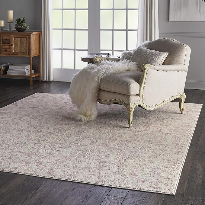 Nourison Jubilant Damask Ivory/Pink 8'6" x 12' Area -Rug, Easy -Cleaning, Non Shedding, Bed Room, Living Room, Dining Room, Kitchen (9x12)