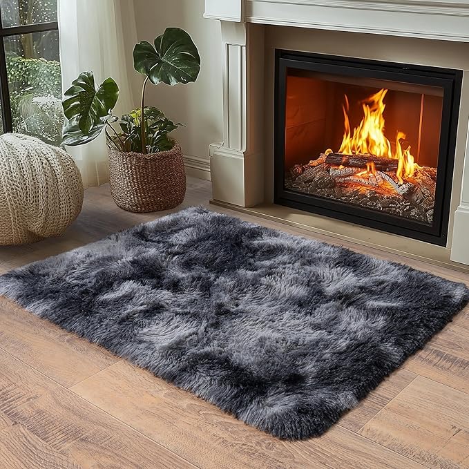 Tie-Dyed Black Fluffy Rugs for Bedroom 5x7 ft - Ultra Soft & Non Slip Shaggy Area Rug, Comfy Durable Carpet for Living Room Kids Room Teens Dorm Home Decor, 1.7'' Thick Indoor Carpets