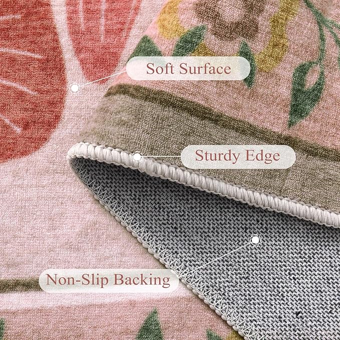 Beige Boho Washable Area Rug 5x7, Floral Soft Non Slip Kids Rugs for Bedroom, Ultra-Thin Colorful Living Room Carpet, Farmhouse Botanical Carpet for Nursery Playroom (5x7ft,Beige)