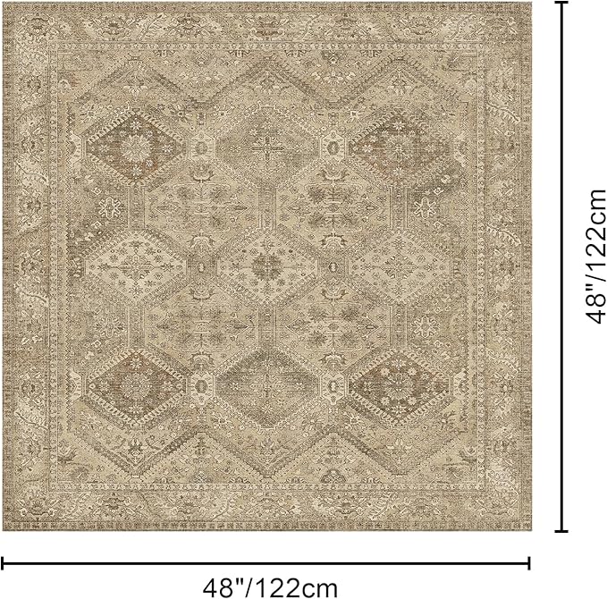Bavni 4x4 Area Rugs for Living Room, Machine Washable Rug Non Slip, Vintage Chenille Distressed Print Carpet, Large Low Pile Ultra-Thin Lightweight Rugs for Bedroom, Dining Room, Office, Nut Brown