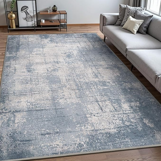 Bavni 5x7 Rug, Abstract Machine Washable Rug Non-Slip, Soft Modern Lightweight Area Rug, Stain Resistant Rugs for Living Room, Bedroom, Dining Room, Abstract Blue