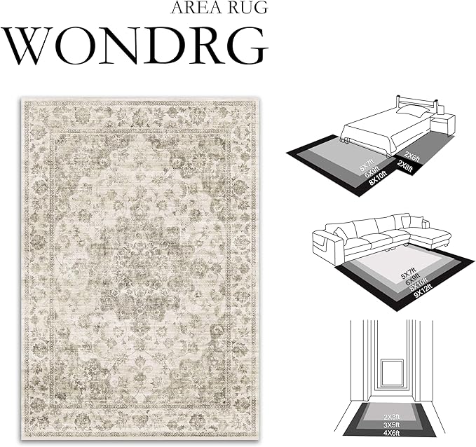 2x3 Washable Neutral Area Rug Taupe Entryway Kitchen Non-Slip Low Pile Floral Carpet Door Mat Vintage Soft Thin Small Throw Rug for Bathroom Bedroom Indoor Entrance