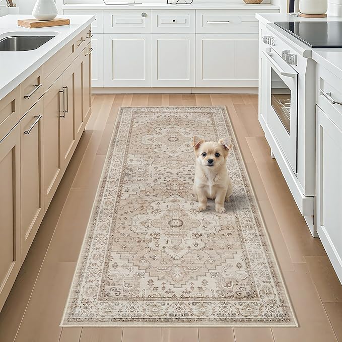 Washable Hallway Runner Rug 3x6 - Soft Kitchen Rugs Vintage Water Resistant Entryway Rug Ultra Thin Farmhouse Living Room Bedroom Carpet Non Slip Indoor Floor Mat for Bathroom Laundry (3x6,Beige)