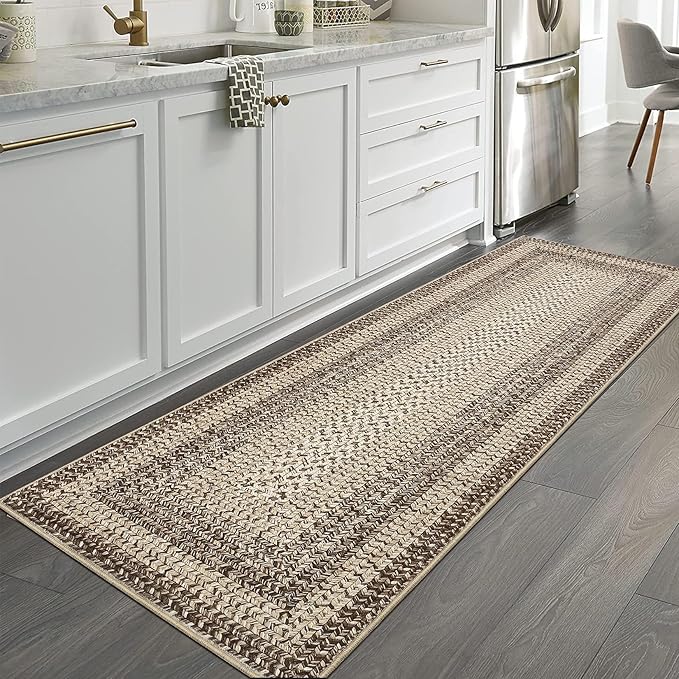 Imitation Braided Collection-Print Hallway Runners 2x10 Washable Area Rug, Farmhouse Rustic Area Rug with Non Slip Backing, Soft Low Pile Indoor Carpet Runners for Entryways, Laundry Room